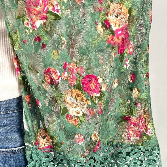 Sweet Rain Sage Floral Mesh Fringe Cardigan Cover Up Shawl Sz Medium - Picture 5 of 11